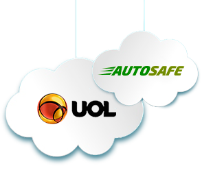 Desenho de nuvens com os logos da UOL e da AutoSafe.