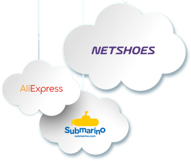 Desenho de nuvens com os logos da Aliexpress, Netshoes e Submarino.